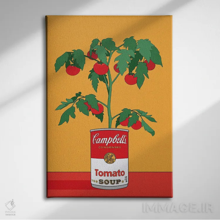 تابلو مدرن تصویرسازی رترو گیاه گوجه فرنگی سوپ کمپبل اثر رتردروم - نمای روبهرو روی دیوار