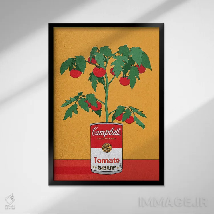 تابلو مدرن تصویرسازی رترو گیاه گوجه فرنگی سوپ کمپبل اثر رتردروم - نمای قابدار مشکی