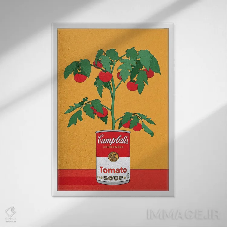 تابلو مدرن تصویرسازی رترو گیاه گوجه فرنگی سوپ کمپبل اثر رتردروم - نمای قابدار سفید