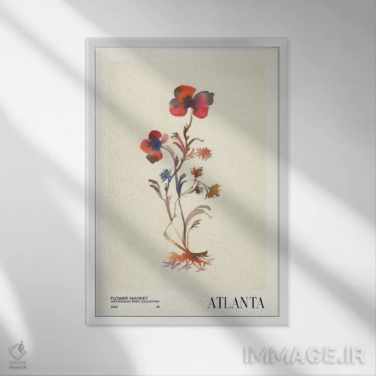 تابلو مینیمال مجموعه چاپ آبرنگ. بازار گل اثر ان کی تی ان - نمای قابدار سفید