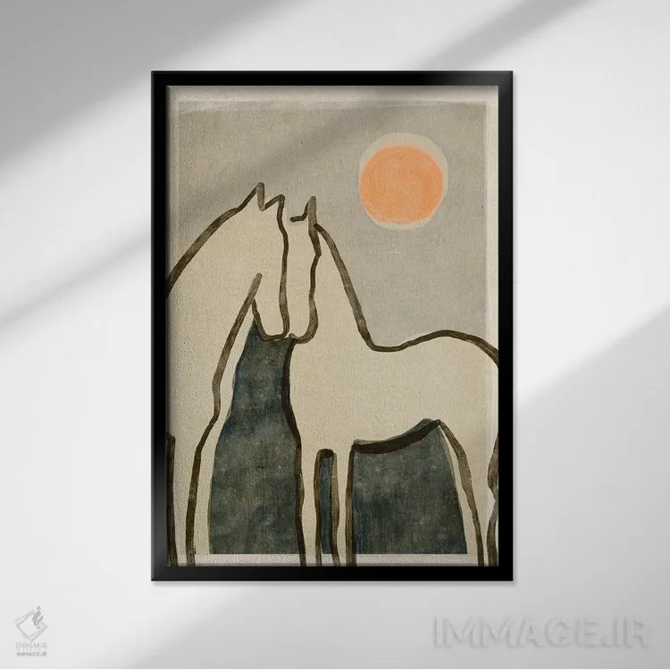 تابلو مینیمال اسب ها هنگام غروب اثر تری چایلد - نمای قابدار مشکی