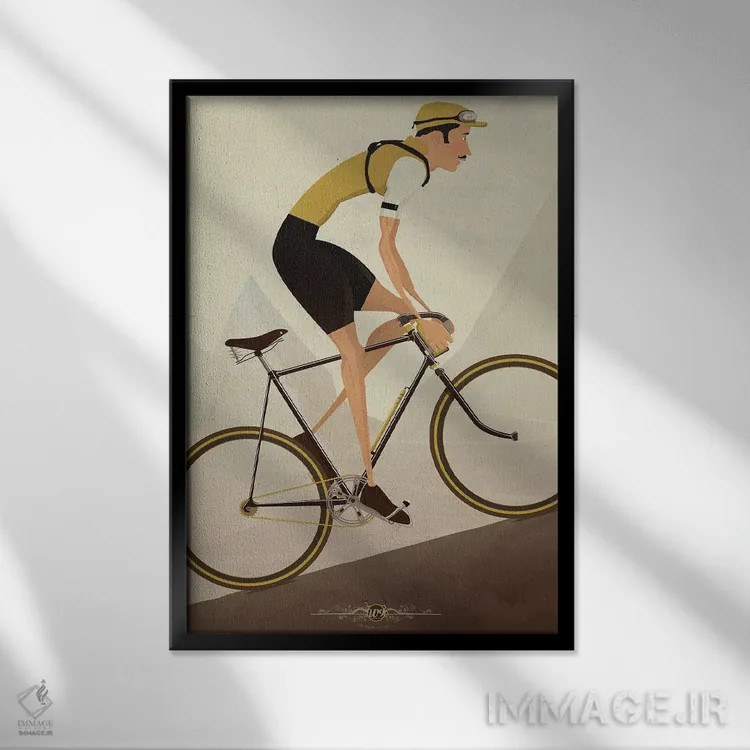 تابلو دکوراتیو دوچرخه سوار کلاسیک سربالایی اثر وایات ۹ - نمای قابدار مشکی