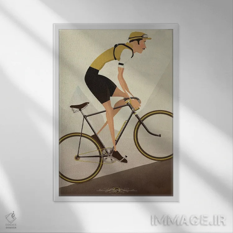 تابلو دکوراتیو دوچرخه سوار کلاسیک سربالایی اثر وایات ۹ - نمای قابدار سفید