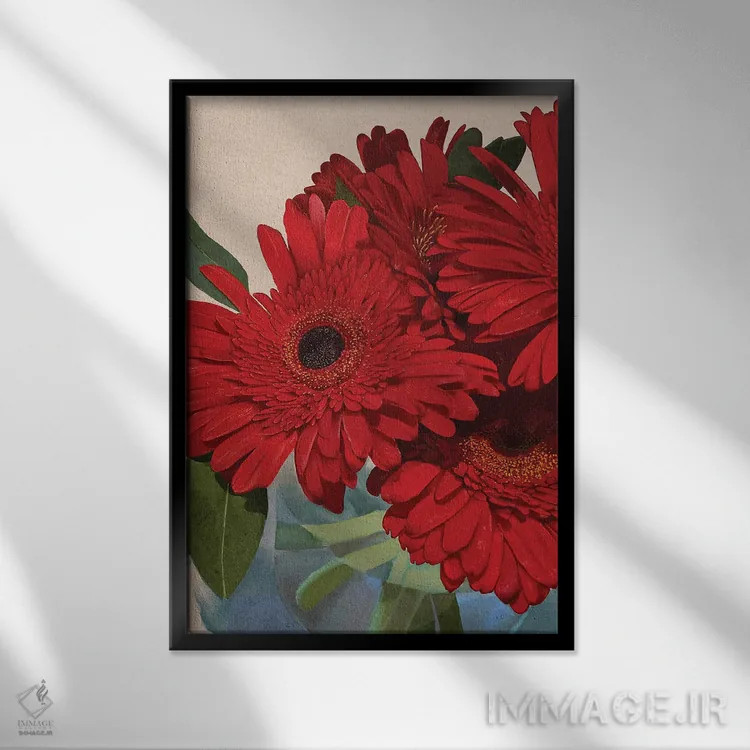 تابلو دکوراتیو جزئیات گل ژربرای قرمز III اثر کیتی اوشی - نمای قابدار مشکی