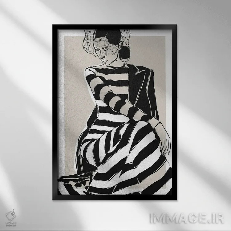 تابلو مینیمال لباس راه راه اثر تری چایلد - نمای قابدار مشکی