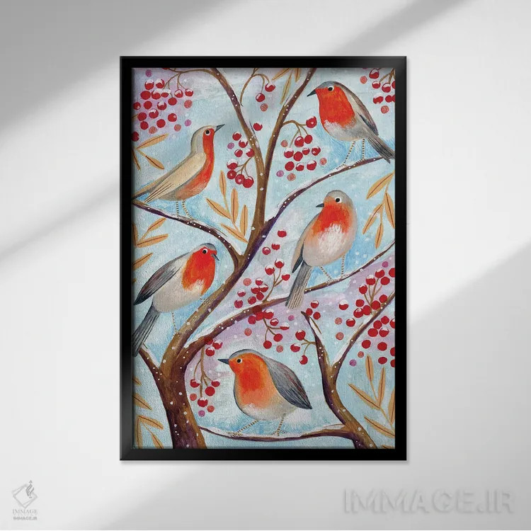 تابلو دکوراتیو پرندگان زمستانی، روبین ها، کریسمس و برف اثر کارولین بونه مولر - نمای قابدار مشکی