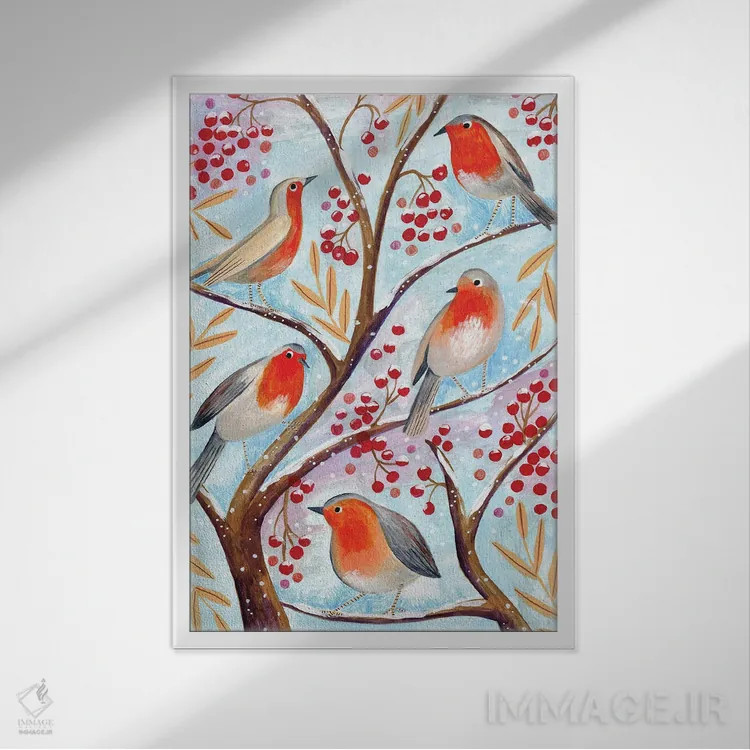 تابلو دکوراتیو پرندگان زمستانی، روبین ها، کریسمس و برف اثر کارولین بونه مولر - نمای قابدار سفید