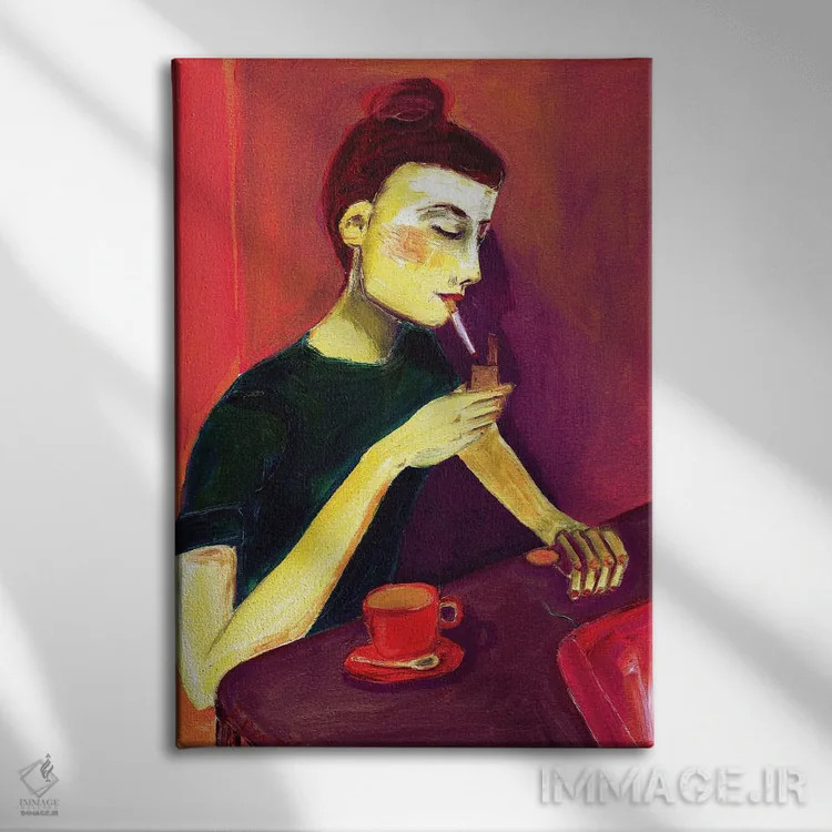 تابلو دکوراتیو خانم در حال روشن کردن سیگار اثر شارین بورسیک - نمای روبهرو روی دیوار