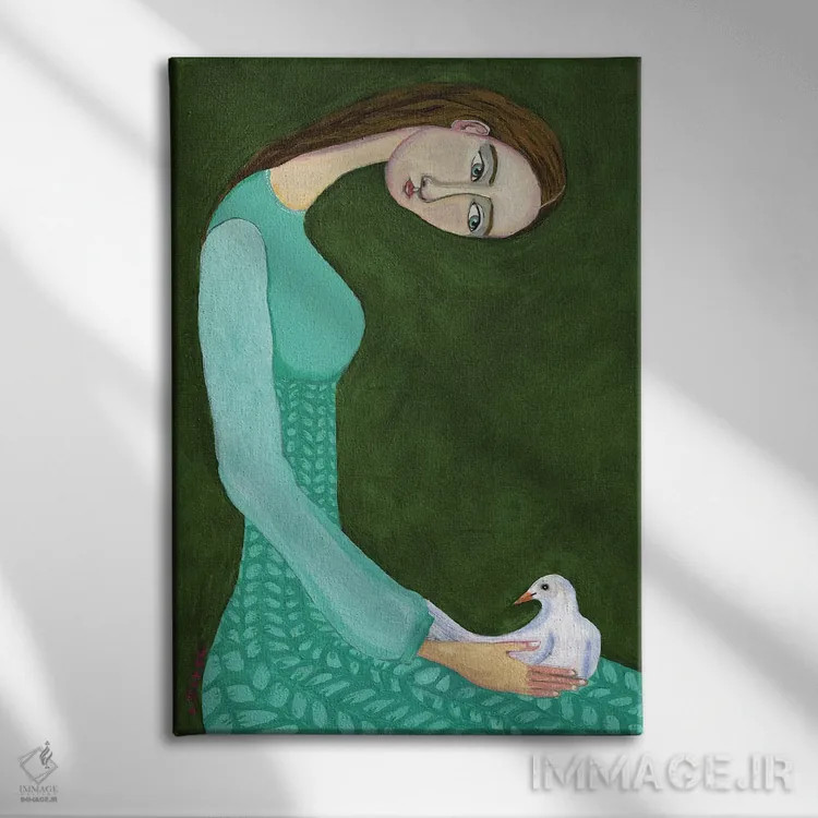 تابلو دکوراتیو خانمی نشسته همراه با کبوتر سفید اثر شارین بورسیک - نمای روبهرو روی دیوار