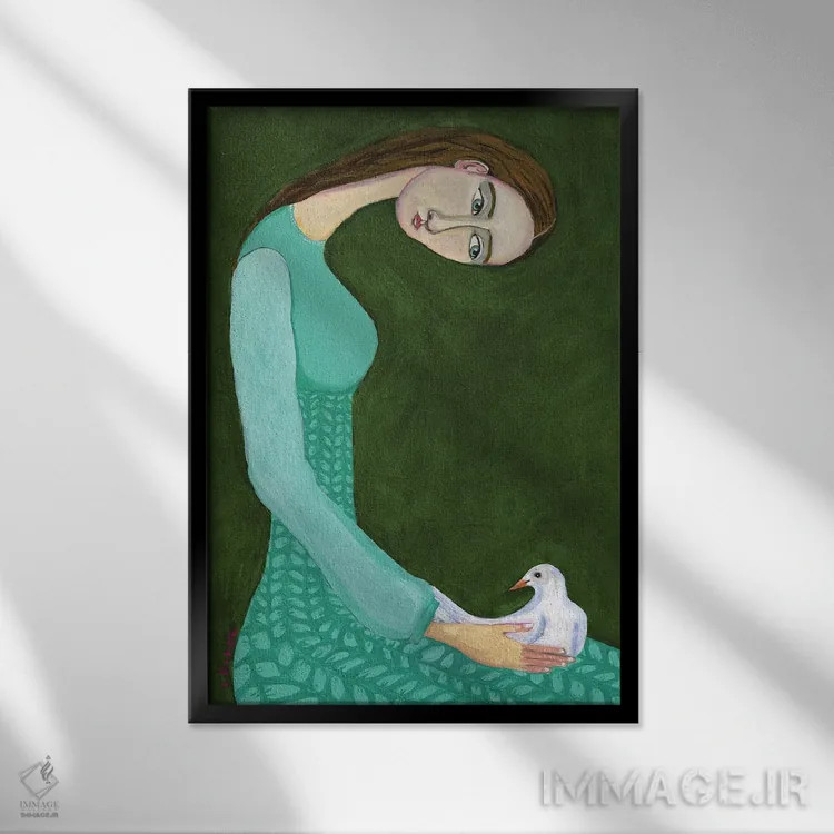تابلو دکوراتیو خانمی نشسته همراه با کبوتر سفید اثر شارین بورسیک - نمای قابدار مشکی