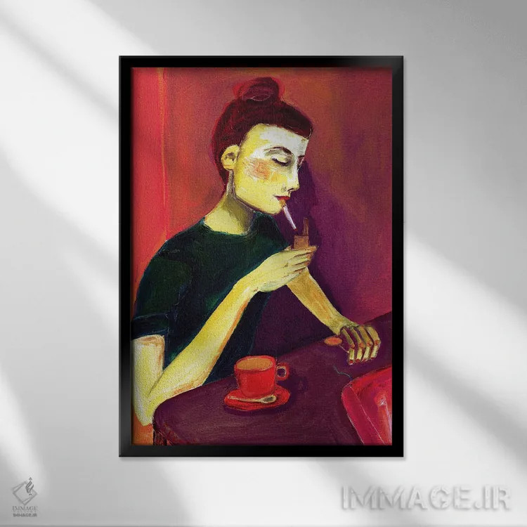تابلو دکوراتیو خانم در حال روشن کردن سیگار اثر شارین بورسیک - نمای قابدار مشکی