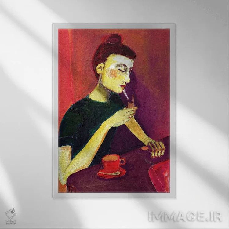 تابلو دکوراتیو خانم در حال روشن کردن سیگار اثر شارین بورسیک - نمای قابدار سفید