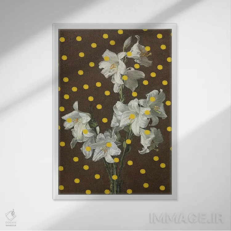 تابلو مدرن سوسن ها و نقطه ها اثر آرت کانسپت - نمای قابدار سفید