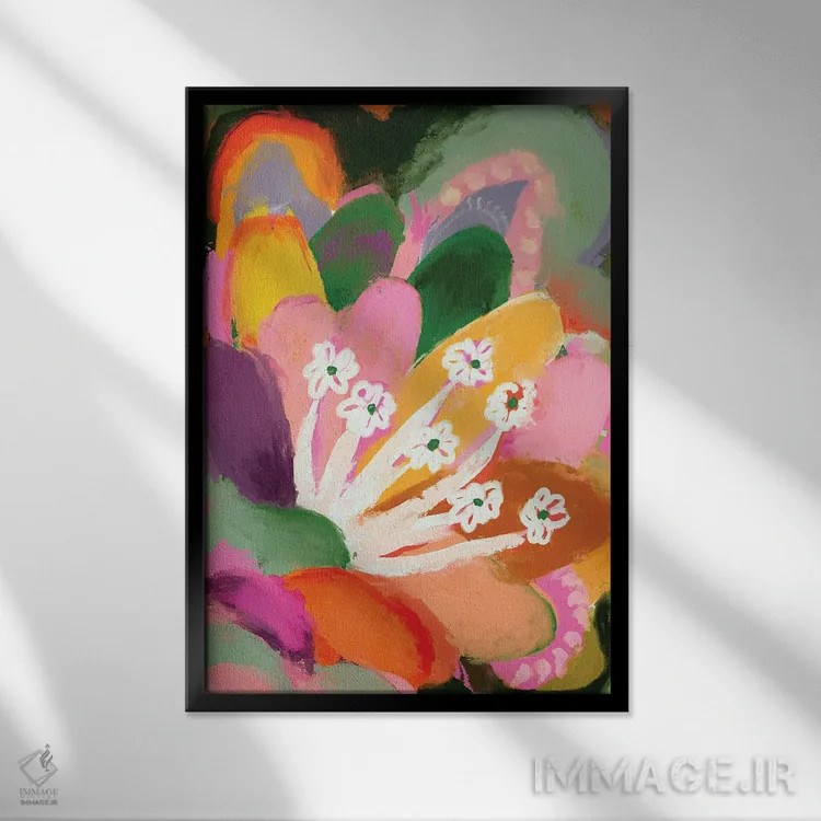 تابلو مدرن شکوفه رنگارنگ اثر تری چایلد - نمای قابدار مشکی