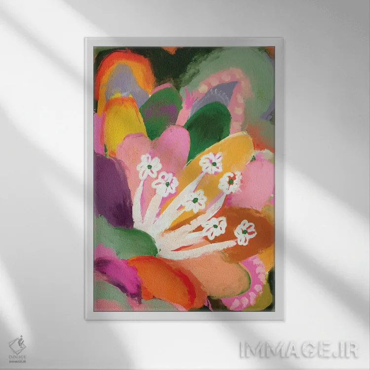 تابلو مدرن شکوفه رنگارنگ اثر تری چایلد - نمای قابدار سفید