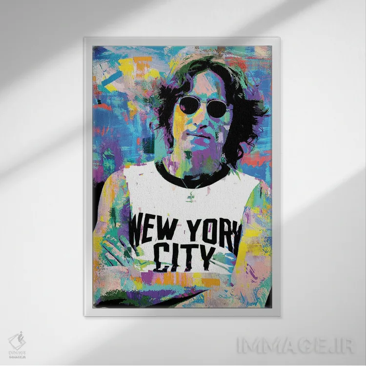 تابلو دکوراتیو جان لنون نیویورک سیتی اثر کارخانه پاپ آرت - نمای قابدار سفید