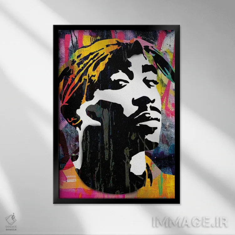 تابلو دکوراتیو الهام گرفته از رپر توپاک اثر کارخانه پاپ آرت - نمای قابدار مشکی