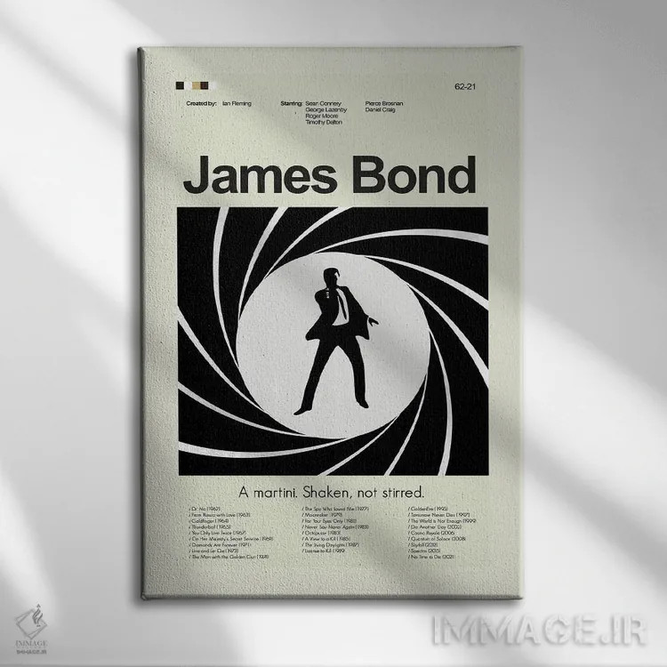 تابلو مینیمال جیمز باند اثر پرینتس اند گیگلز اثر ارین هیگرمن - نمای روبهرو روی دیوار