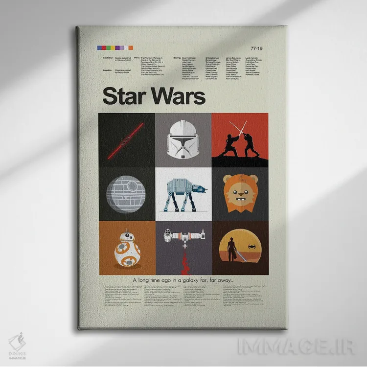تابلو مینیمال جنگ ستارگان قسمت های ۱ تا ۹ اثر پرینتس اند گیگلز اثر ارین هیگرمن - نمای روبهرو روی دیوار