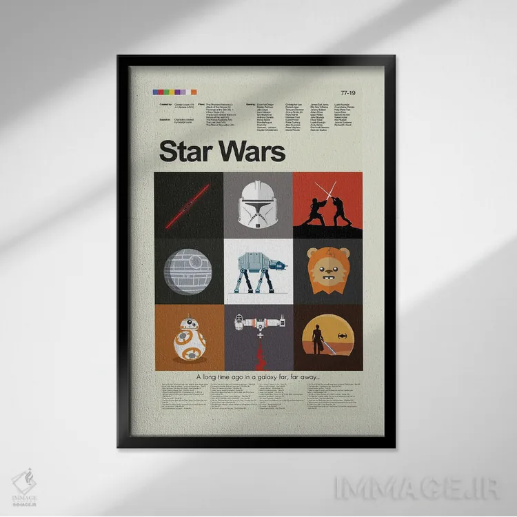 تابلو مینیمال جنگ ستارگان قسمت های ۱ تا ۹ اثر پرینتس اند گیگلز اثر ارین هیگرمن - نمای قابدار مشکی