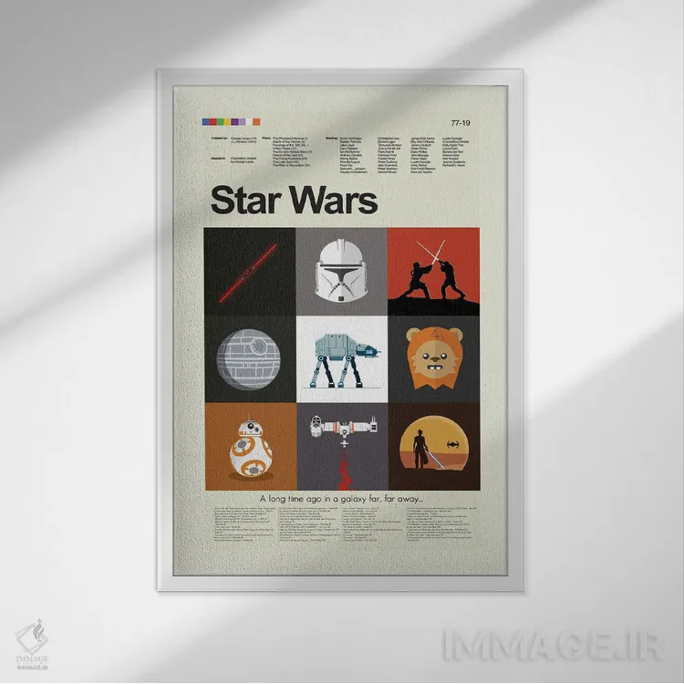 تابلو مینیمال جنگ ستارگان قسمت های ۱ تا ۹ اثر پرینتس اند گیگلز اثر ارین هیگرمن - نمای قابدار سفید