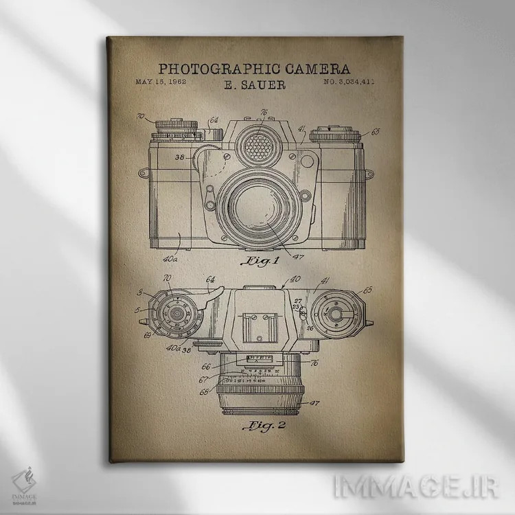 تابلو دکوراتیو دوربین ساور ۱۹۶۲، رنگ بژ اثر پتنت پرینت استور - نمای روبهرو روی دیوار