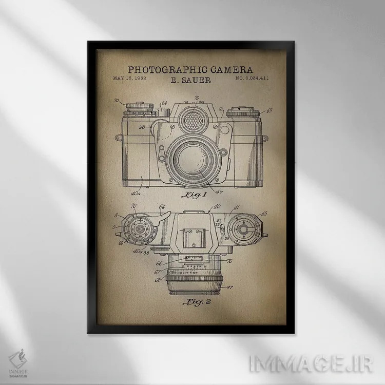 تابلو دکوراتیو دوربین ساور ۱۹۶۲، رنگ بژ اثر پتنت پرینت استور - نمای قابدار مشکی
