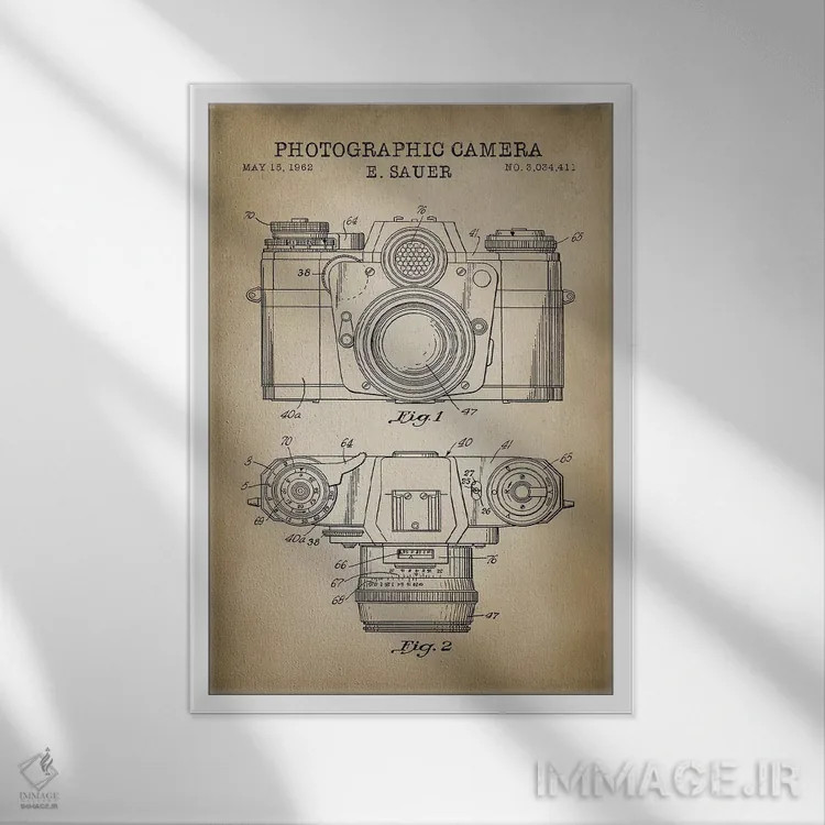 تابلو دکوراتیو دوربین ساور ۱۹۶۲، رنگ بژ اثر پتنت پرینت استور - نمای قابدار سفید