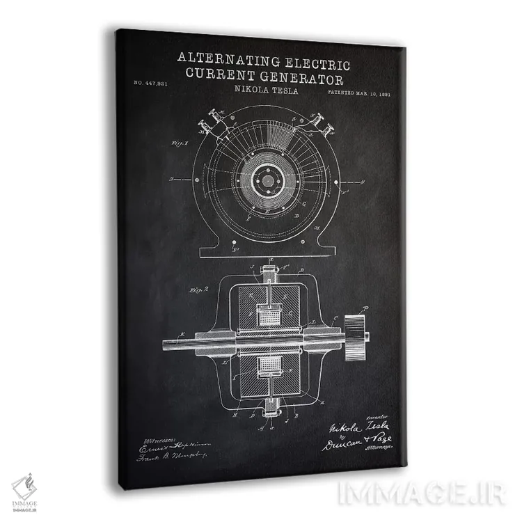 تابلو دکوراتیو ژنراتور جریان متناوب تسلا، سیاه اثر پتنت پرینت استور - نمای پرسپکتیو محصول