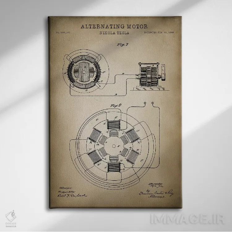 تابلو دکوراتیو موتور متناوب تسلا اثر پتنت پرینت استور - نمای روبهرو روی دیوار