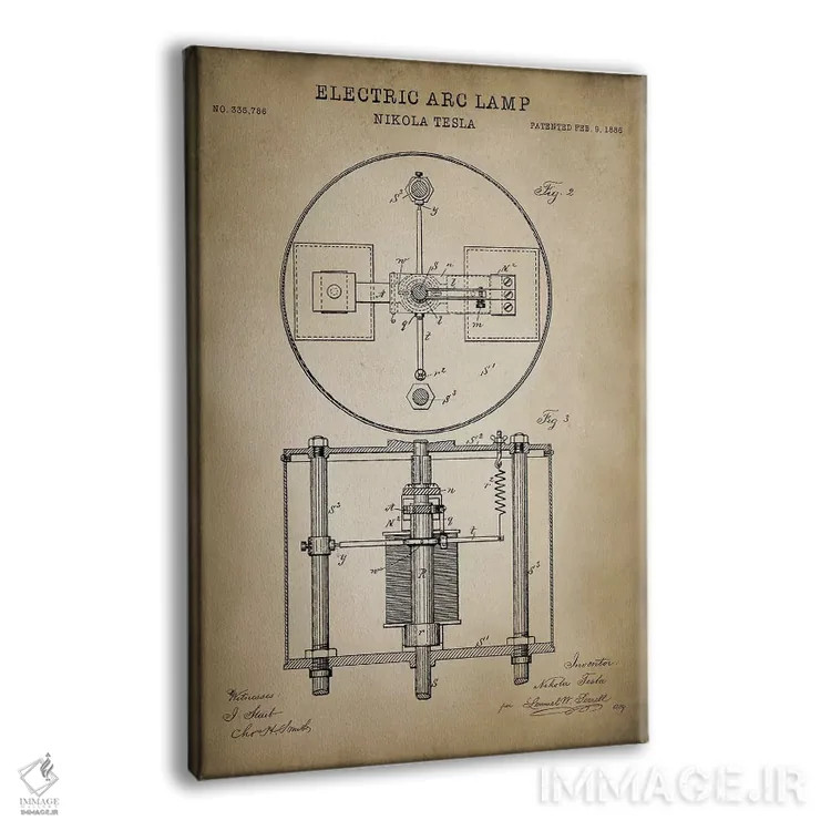 تابلو دکوراتیو چراغ قوس الکتریکی تسلا اثر پتنت پرینت استور - نمای پرسپکتیو محصول