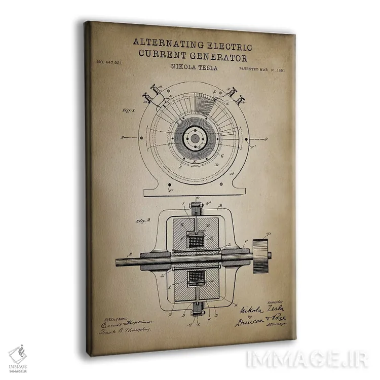 تابلو دکوراتیو ژنراتور جریان متناوب تسلا، بژ اثر پتنت پرینت استور - نمای پرسپکتیو محصول