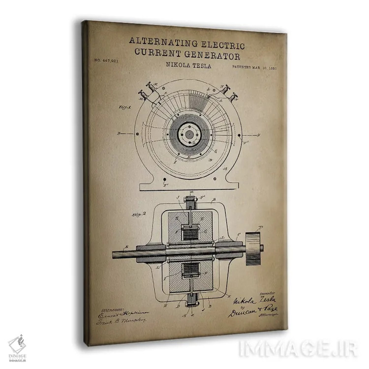 تابلو دکوراتیو ژنراتور جریان متناوب تسلا، بژ اثر پتنت پرینت استور - نمای پرسپکتیو محصول