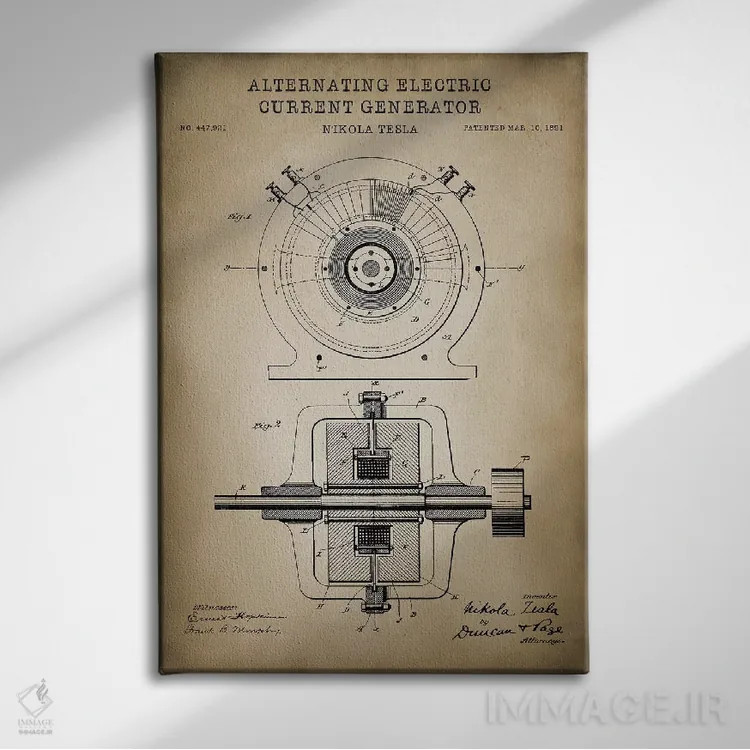 تابلو دکوراتیو ژنراتور جریان متناوب تسلا، بژ اثر پتنت پرینت استور - نمای روبهرو روی دیوار