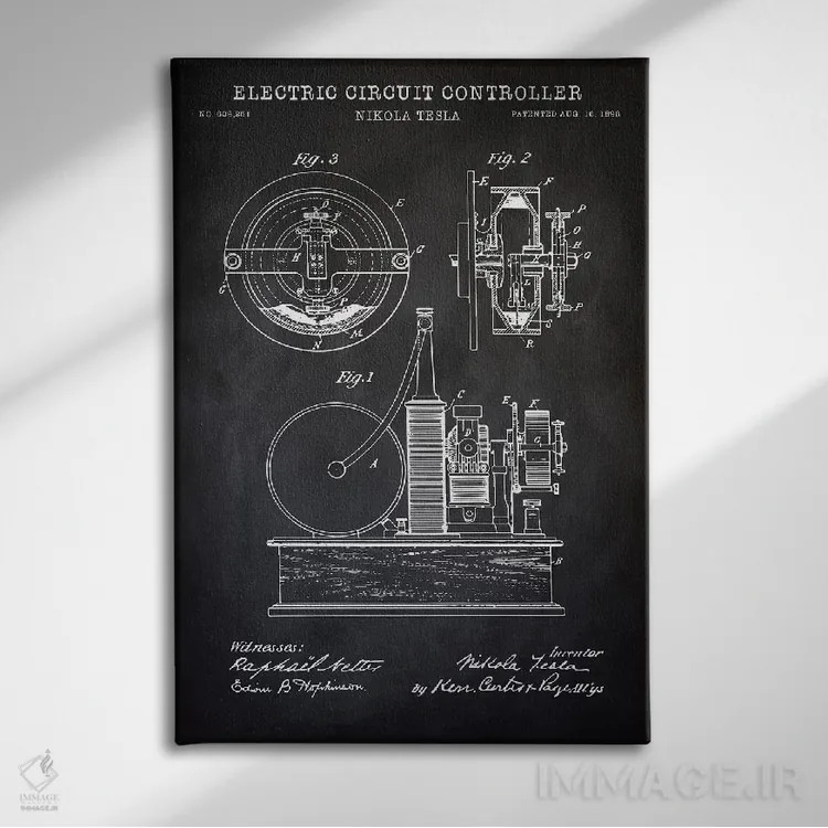 تابلو دکوراتیو کنترل کننده مدار الکتریکی تسلا، سیاه اثر پتنت پرینت استور - نمای روبهرو روی دیوار