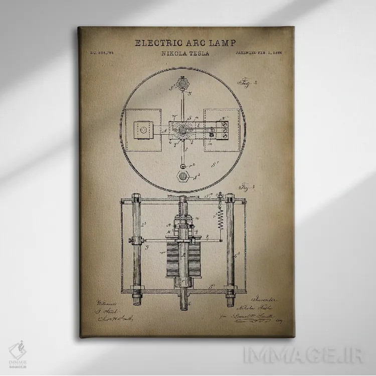 تابلو دکوراتیو چراغ قوس الکتریکی تسلا اثر پتنت پرینت استور - نمای روبهرو روی دیوار