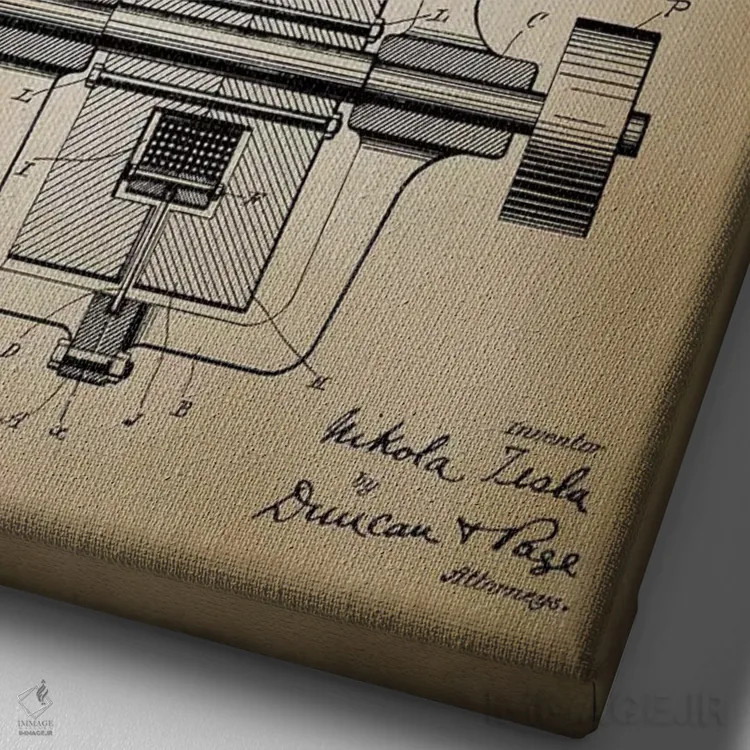 تابلو دکوراتیو ژنراتور جریان متناوب تسلا، بژ اثر پتنت پرینت استور - نمای نزدیک بافت بوم