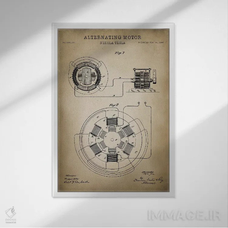 تابلو دکوراتیو موتور متناوب تسلا اثر پتنت پرینت استور - نمای قابدار سفید
