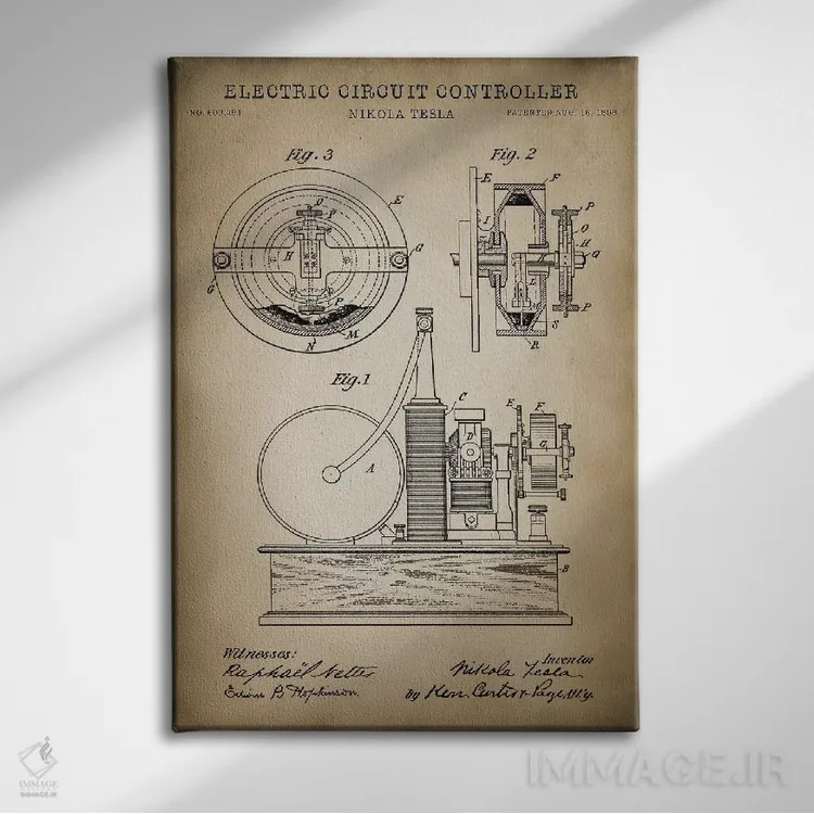 تابلو دکوراتیو کنترل کننده مدار الکتریکی تسلا، بژ اثر پتنت پرینت استور - نمای روبهرو روی دیوار