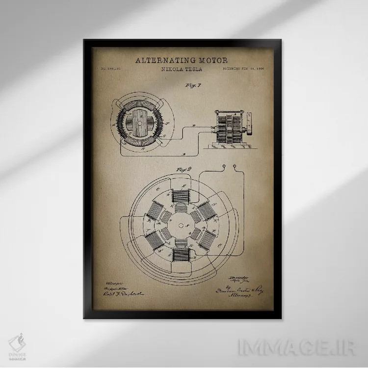 تابلو دکوراتیو موتور متناوب تسلا اثر پتنت پرینت استور - نمای قابدار مشکی