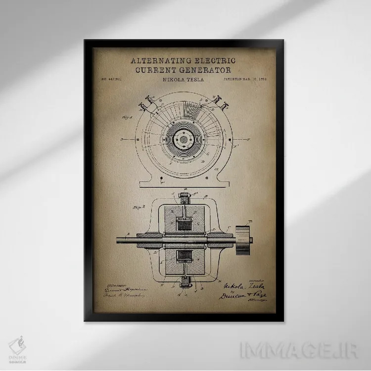 تابلو دکوراتیو ژنراتور جریان متناوب تسلا، بژ اثر پتنت پرینت استور - نمای قابدار مشکی
