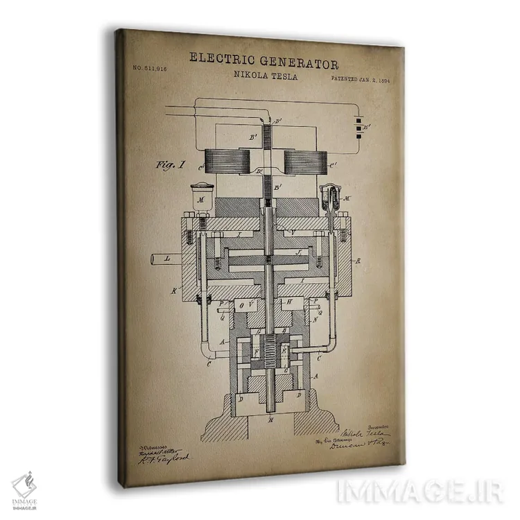 تابلو دکوراتیو ژنراتور الکتریکی تسلا، بژ اثر پتنت پرینت استور - نمای پرسپکتیو محصول
