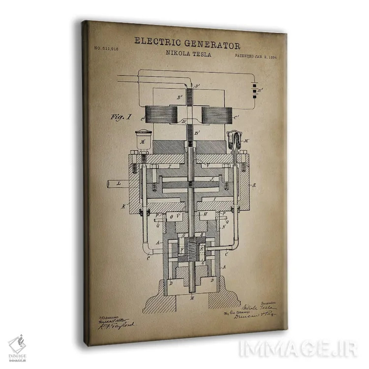 تابلو دکوراتیو ژنراتور الکتریکی تسلا، بژ اثر پتنت پرینت استور - نمای پرسپکتیو محصول
