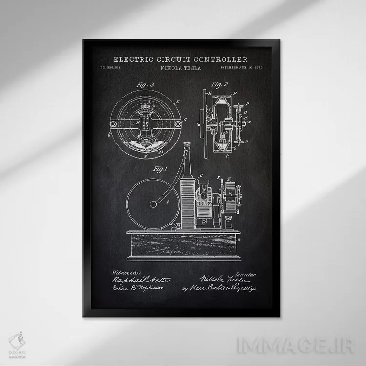 تابلو دکوراتیو کنترل کننده مدار الکتریکی تسلا، سیاه اثر پتنت پرینت استور - نمای قابدار مشکی