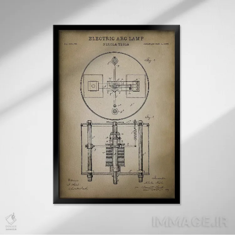 تابلو دکوراتیو چراغ قوس الکتریکی تسلا اثر پتنت پرینت استور - نمای قابدار مشکی