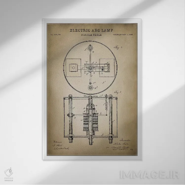 تابلو دکوراتیو چراغ قوس الکتریکی تسلا اثر پتنت پرینت استور - نمای قابدار سفید