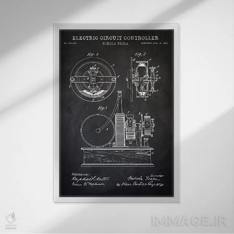 تابلو دکوراتیو کنترل کننده مدار الکتریکی تسلا، سیاه اثر پتنت پرینت استور - نمای قابدار سفید
