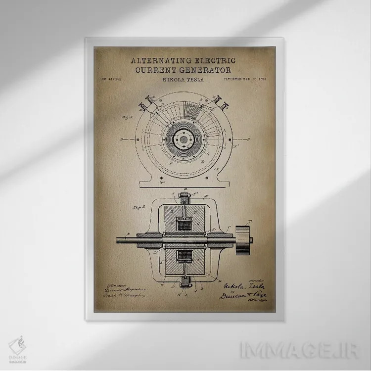 تابلو دکوراتیو ژنراتور جریان متناوب تسلا، بژ اثر پتنت پرینت استور - نمای قابدار سفید
