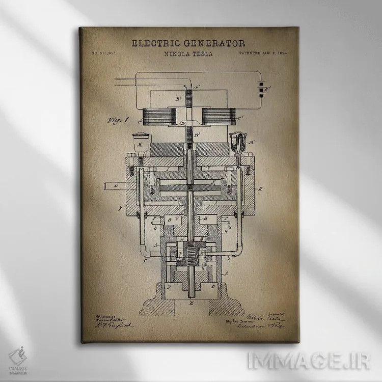 تابلو دکوراتیو ژنراتور الکتریکی تسلا، بژ اثر پتنت پرینت استور - نمای روبهرو روی دیوار