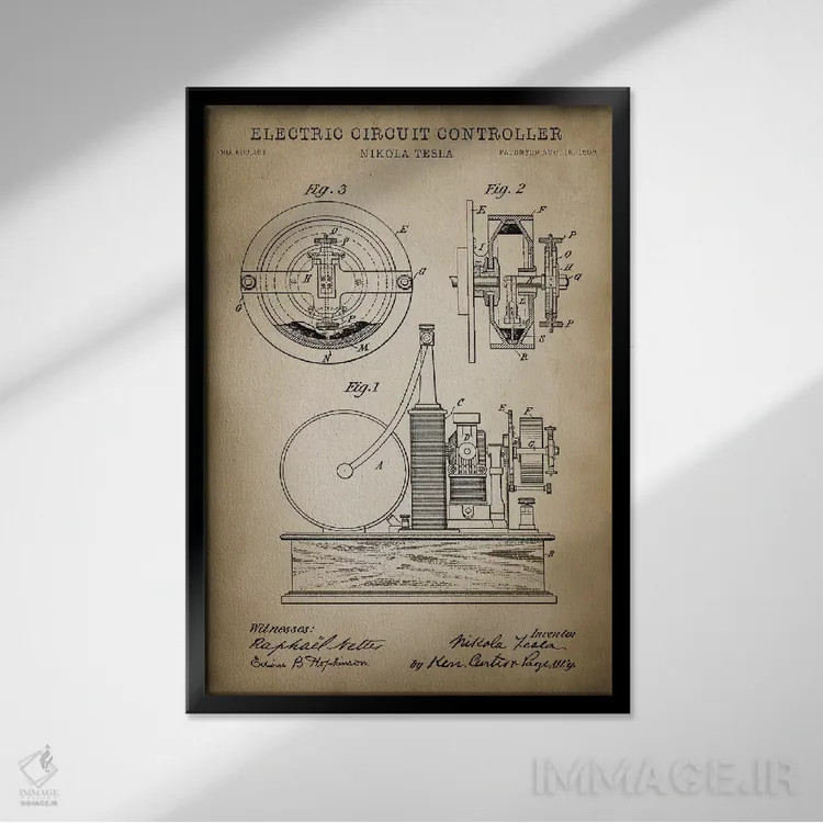 تابلو دکوراتیو کنترل کننده مدار الکتریکی تسلا، بژ اثر پتنت پرینت استور - نمای قابدار مشکی